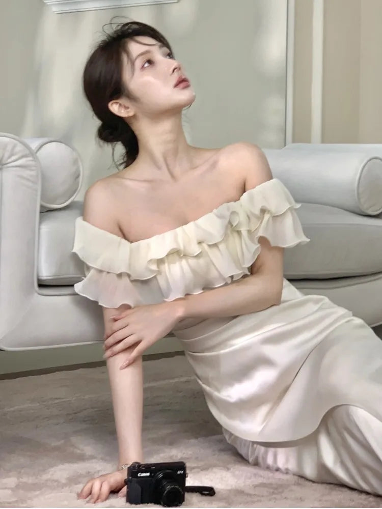 LBSFY -Elegant Party Chic Satin Mermaid Dress For Woman Ruffles Slash-Neck Slim Fit Patchwork Solid Dresses Evening Prom Female Clothes