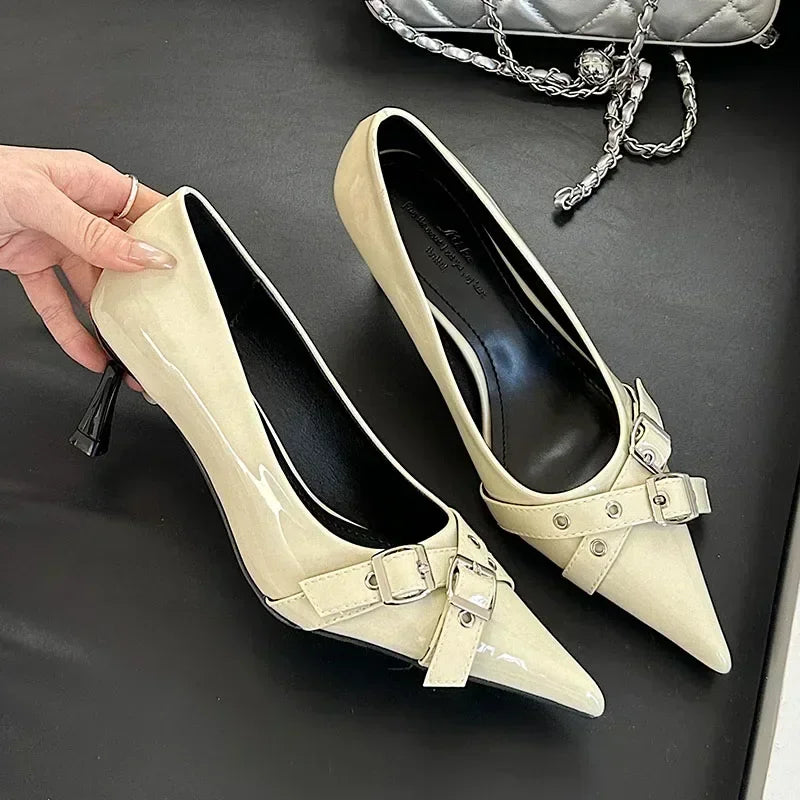 Lbsfy Elegant Patent Leather Metal Belt Buckle Designer Women Pumps Sexy Pointed Toe Thin High Heels High Quality Mary Jane Mules Shoe