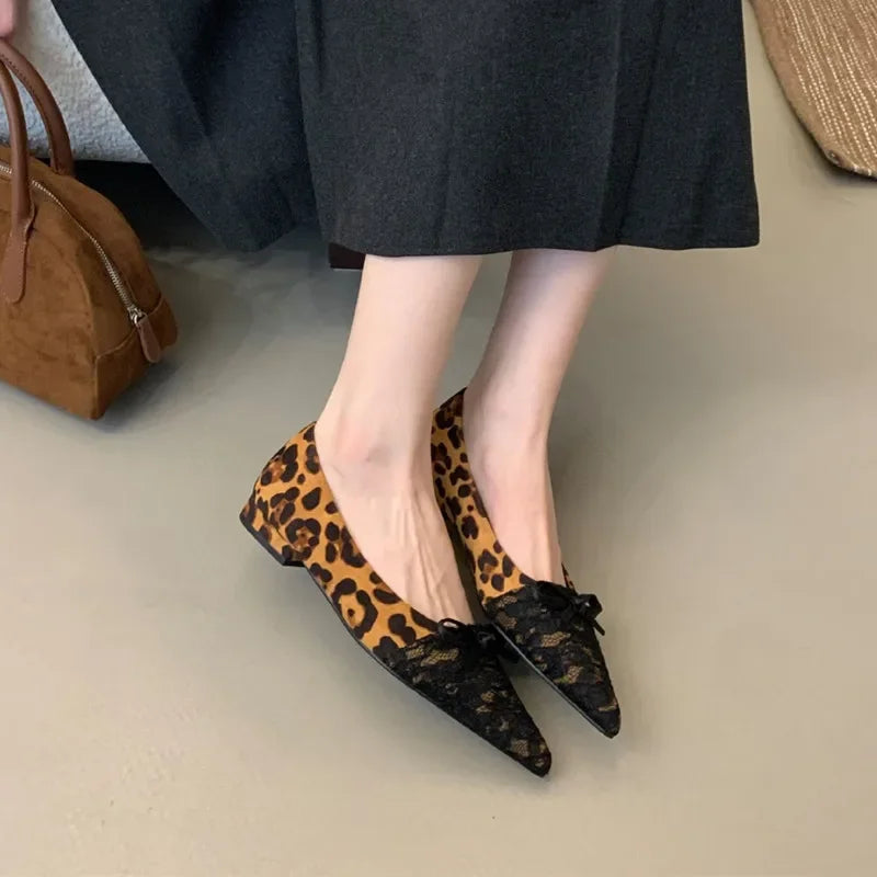 LBSFY  -  Elegant Pointed Toe Women Shoes Leopard Print Shallow Mules Shoes 2025 Spring Fashion Suede Bow Design Flat Shoes Zapatos Mujer