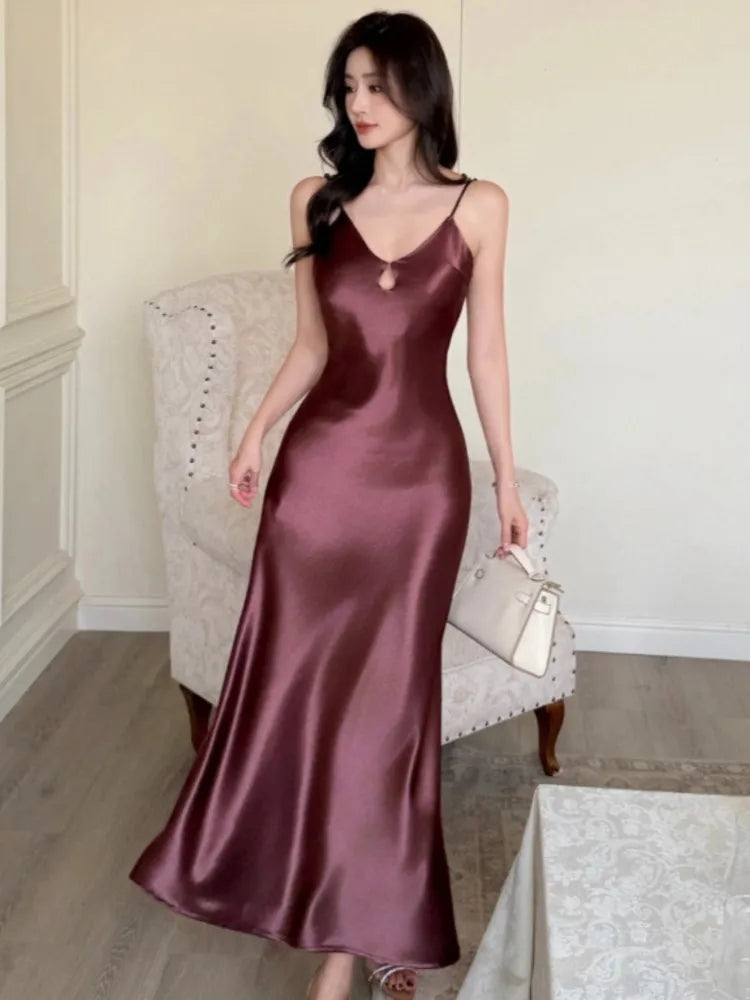 LBSFY -Summer Spring Satin Womens Dresses Sexy Spaghetti Strap V-neck Evening Party Long Dress Slim Waist Vestidos Robe Female Clothes