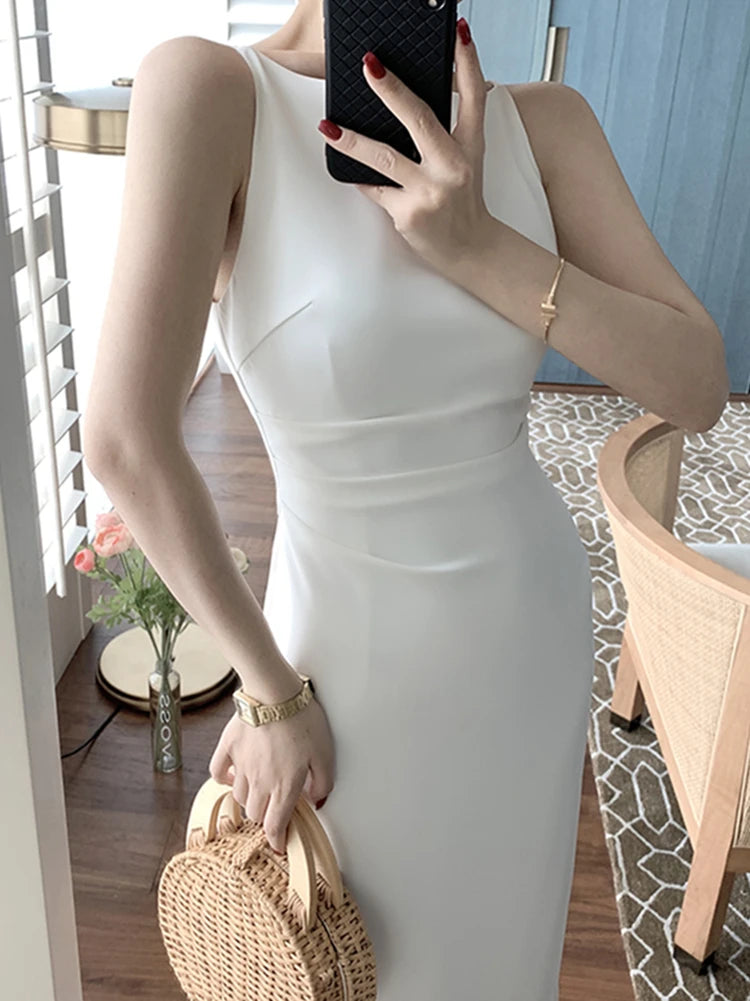 LBSFY -Women Spaghetti Strap Sleeveless Solid Sexy Dresses Summer New Fashion Office Lady Female Elegant Evening Party Midi Dress