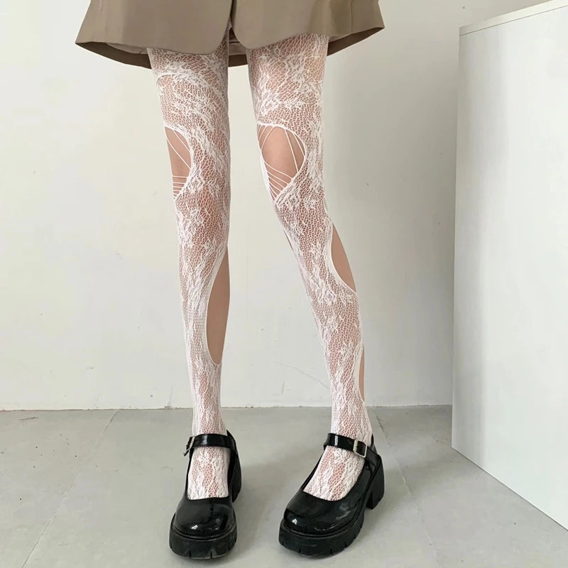 Lbsfy Broken Hole Lace Tights for Women Fashion Fishnet Long Stockings Easy Tearable Y2K Pantyhose Hollow Out Female Leggings