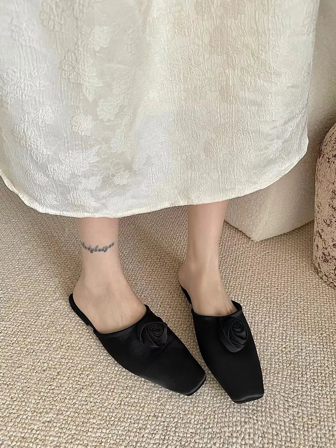 LBSFY  -  Square Toe Women Slippers Black Beige Flower Design Summer Outside Mules Shoes 2025 New Flat Low Heeled Casual Work Shoes Woman