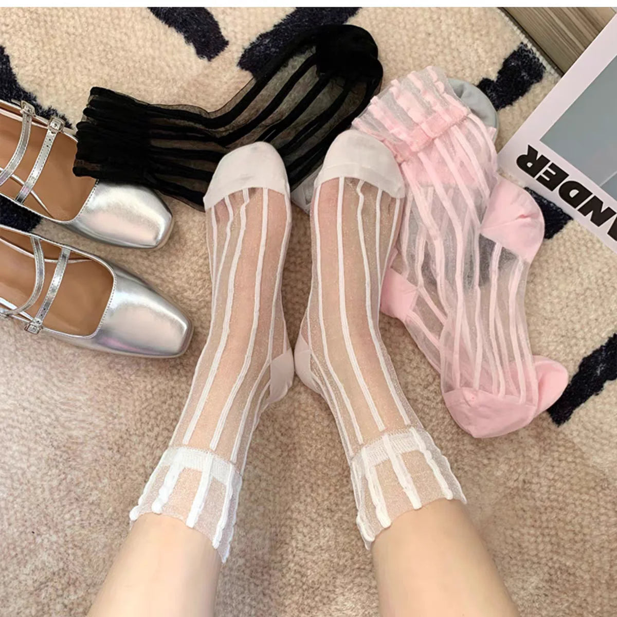 Lbsfy Sweet Lace Socks Women Girls Summer Mesh Crew Ankle Sock Crystal Vertical Stripes Stripes Streetwears Silk Ultra Thin Stockings