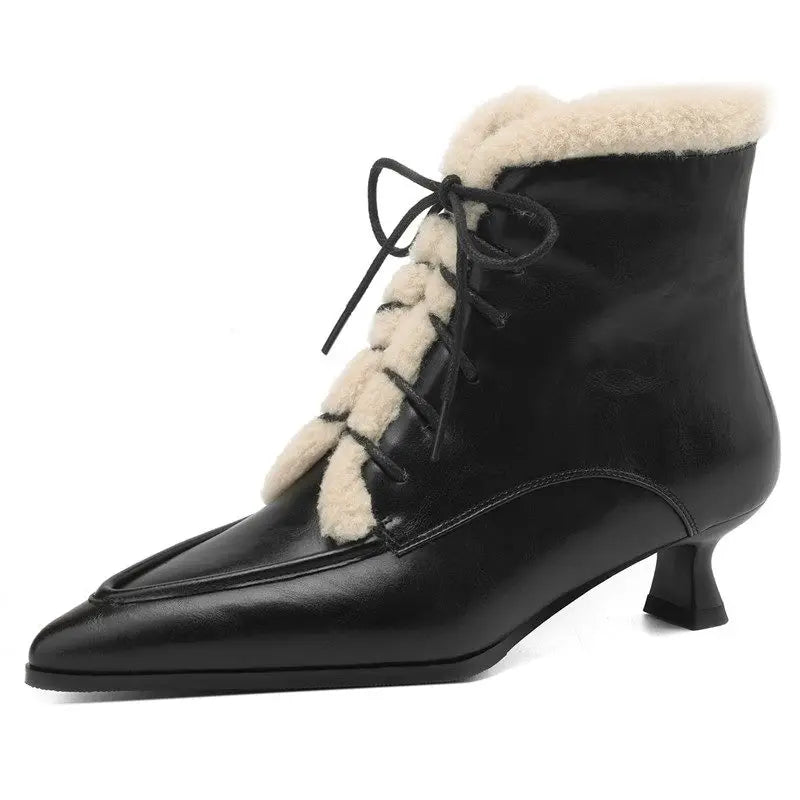 LBSFY  -   Fashion Thick Fur Winter Ankle Boots Pointed Toe Lace Up Med Heels Ankle Boots Zipper Ladies Warm Snow Boots