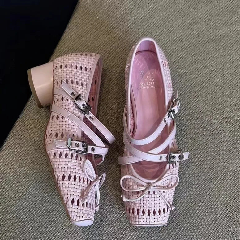 LBSFY -Square Toe, Thick Heel High Heels, Butterfly Bow, Mary Jane Shoes, Women's Hollow Out, Breathable, Mid Heel, High-heeled Sandals
