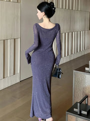 LBSFY -Women's Dress Suits Slash Neck Off Shoulder Spaghetti Straps Party Dresses +  Long Sleeve Bright Silk Mesh Smock Two Pieces Set