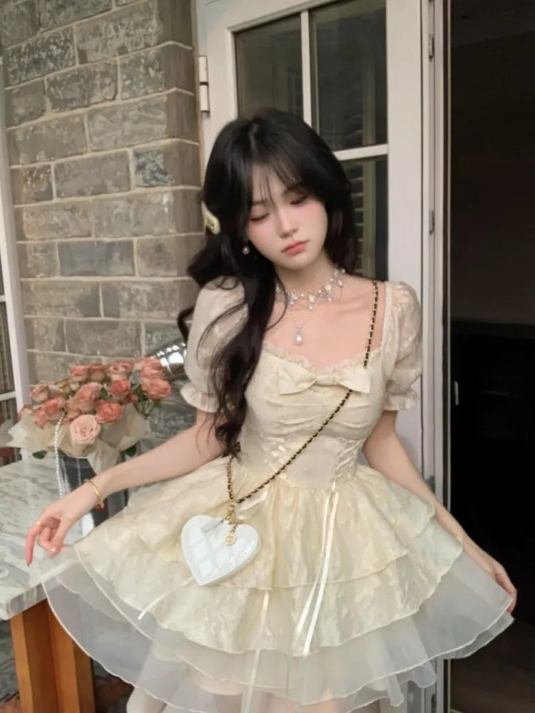 LBSFY -Kroean Y2K Yellow Preppy Style Cake Dress Puff Sleeves Mesh Ball Gown Ruffles Mini Woman Dresses Abend Kleider Spring Summer New