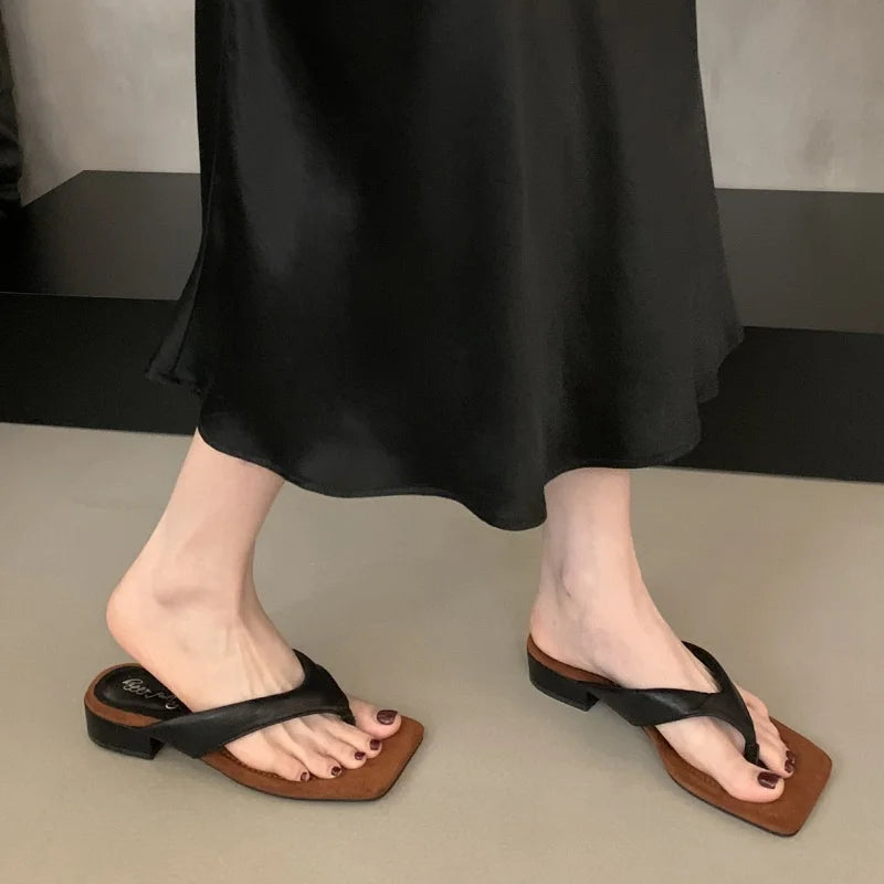 LBSFY - Summer Women Slipper Fashion Narrow Band Ladies Square Heel Outdoor Dress Sandal Elegant Flip Flops Beach Slides