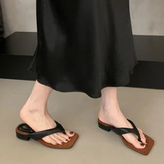 LBSFY - Summer Women Slipper Fashion Narrow Band Ladies Square Heel Outdoor Dress Sandal Elegant Flip Flops Beach Slides