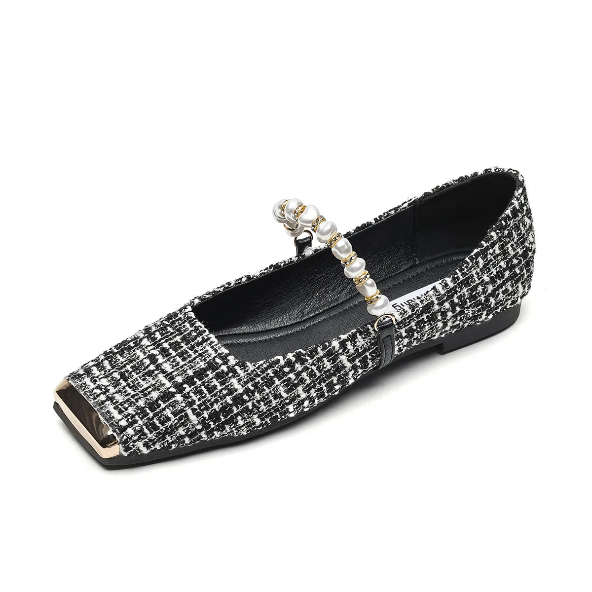 LBSFY -Elegant Tweed Cloth Ballet Shoes Ladies Square Metalic Toe Flats Pearl Beading Loafers Plaid Designer Office Dress Shoes Woman