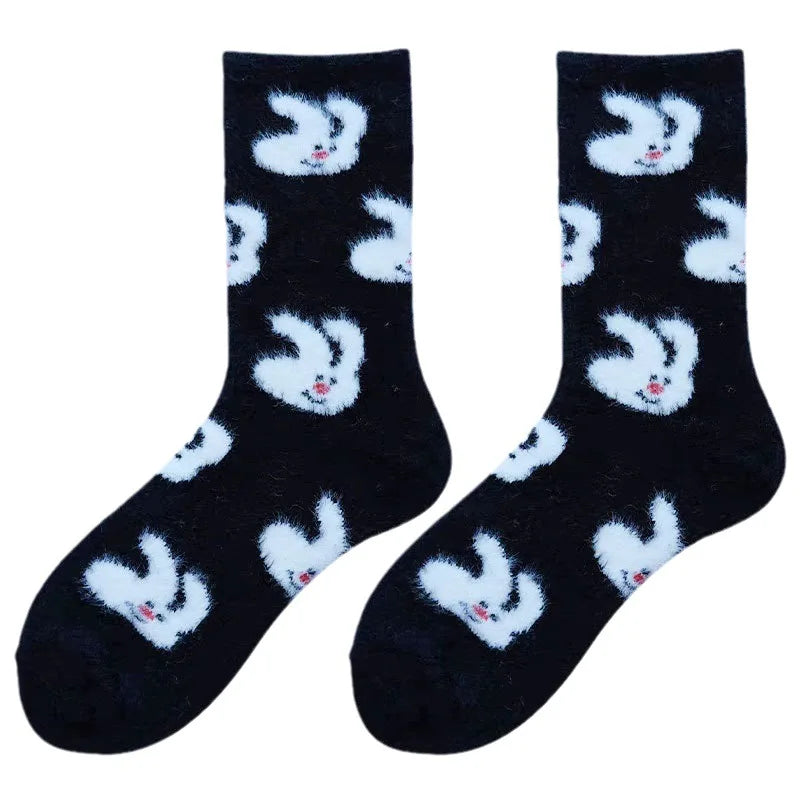 Lbsfy Mink Velvet Socks Women Autumn Winter Cartoon Rabbit Cherry Soft Kawaii Cute Thicken Thermal Coral Velvet Sleep Plush Floor Sock