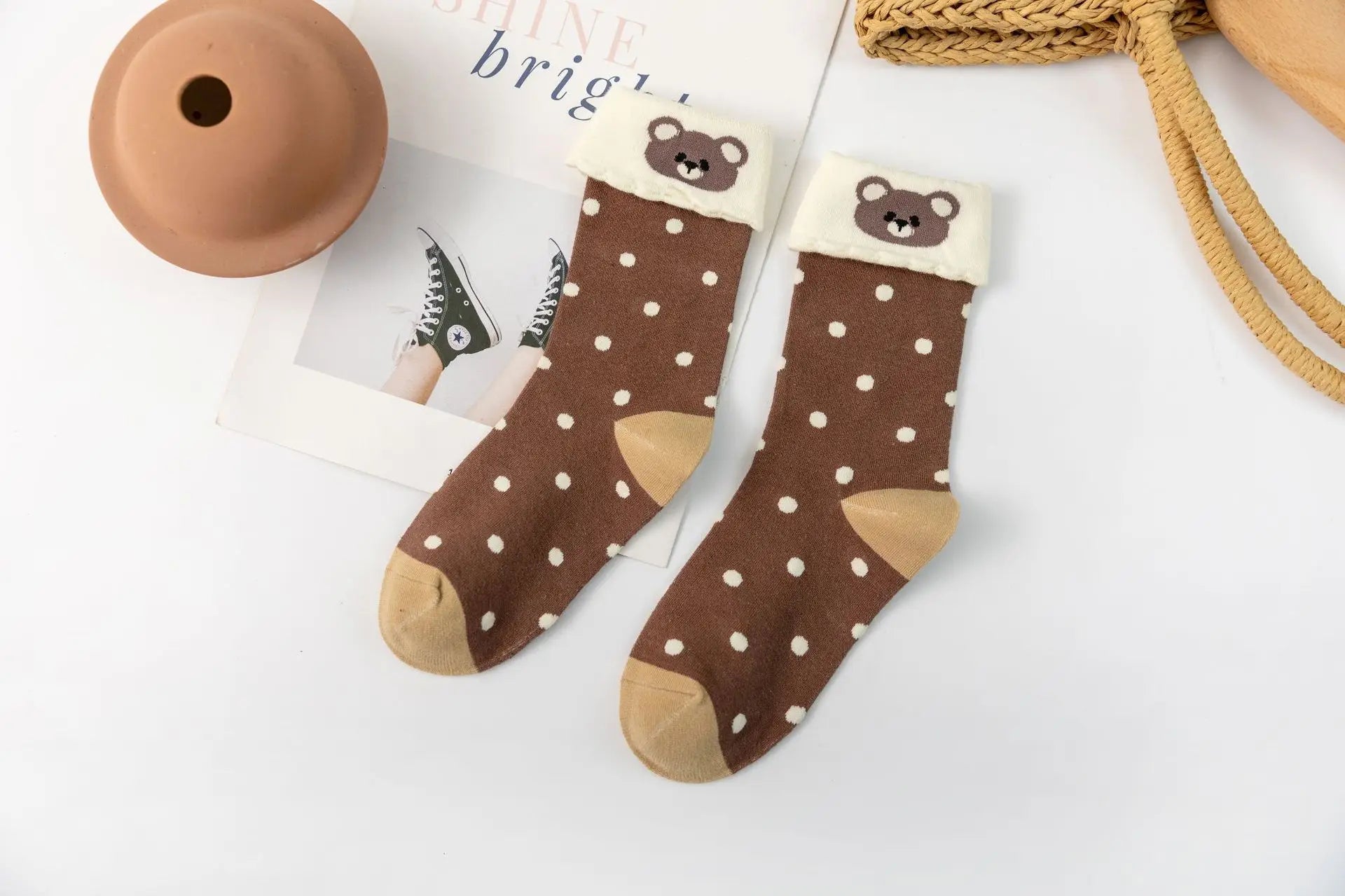Lbsfy Ruffled Socks Women's Mid-tube Striped Dot Socks Spring Autumn Cotton Japanese Style Cute Kawaii Cartoon Bear Ladies Sports Soks