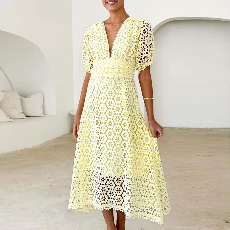 LBSFY  -  Women Elegant Puff Sleeve Solid Color Party Dress Fashion Hight Waist Slim Long Dress Sexy V-neck Lace Hollow Out Evening Dress