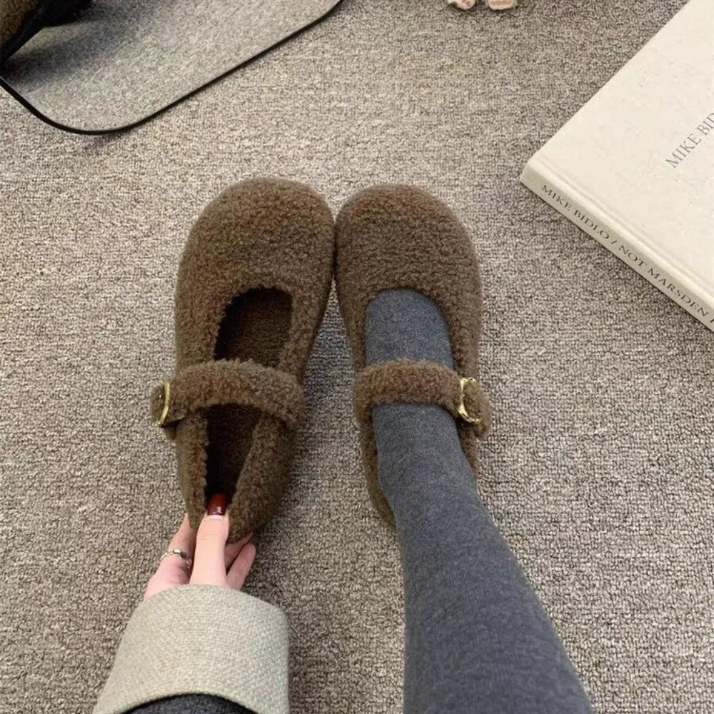 LBSFY -Fashion Round Toe Wool Ballet Flats Woman Concise Warm Plush Loafers Ladies Brand Design Fluffy Mary Jane Shoes in Red Grey