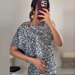 LBSFY  -  Women 2025 One Shoulder Short Sleeve Club Dress Elegant O-Neck Sequin French Style Glitter Dress Spring Temperament Party Dress