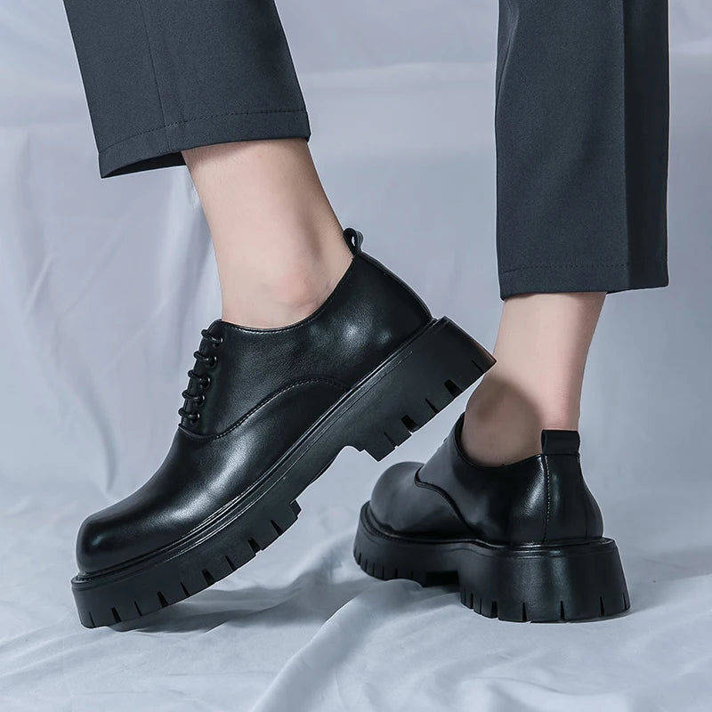 LBSFY  -  Glossy Patent Leather Retro Round-toe Dress Shoes Korea Style Thick Bottom Shoes Classic Formal Black Dress Oxford Office Manage