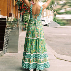 LBSFY  -  Women High Waist Pleated Long Dress 2024 Summer Floral Print Bohemian Vacation Dress Ladies Fashion Strap Sleeveless Maxi Dress