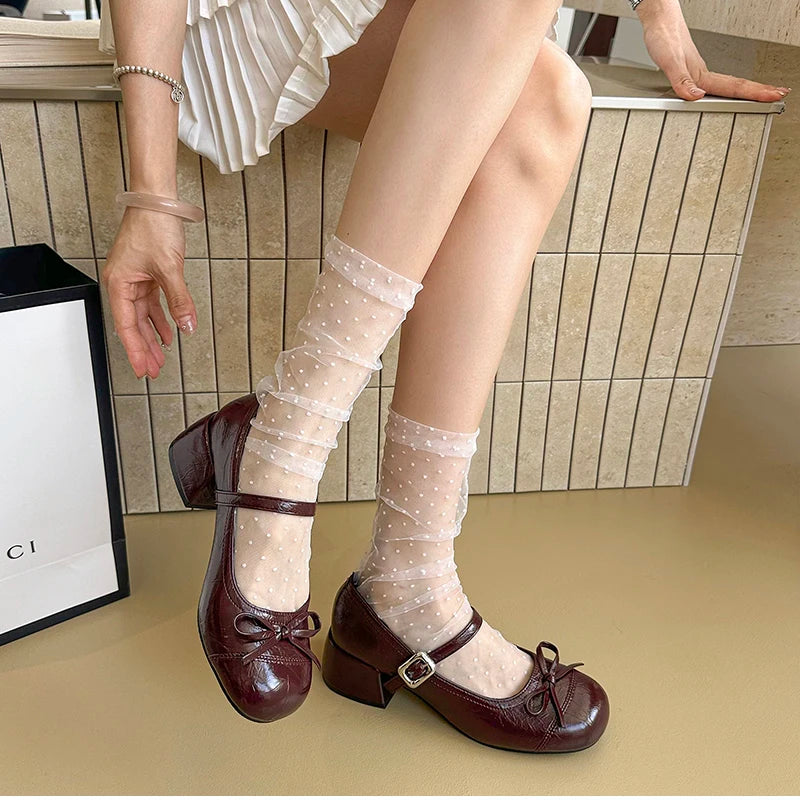 LBSFY -Ballet Style Butterfly-knot Mary Jane Shoes for Women Concise Dress Thick Heel Ladies Footwear