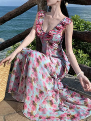 LBSFY -French Print Ruffles Princess Romantic Fairy Women's Dresses V-Neck Sleeeless Slim Waist Length Dress Beach Vacation Summer 2025