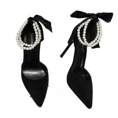 LBSFY  -Shoes for Women Brand Spring Women's Pumps Pointed Toe Solid Flock Beads Bow Tie Buckle Shallow Mouth Novelty High Heels