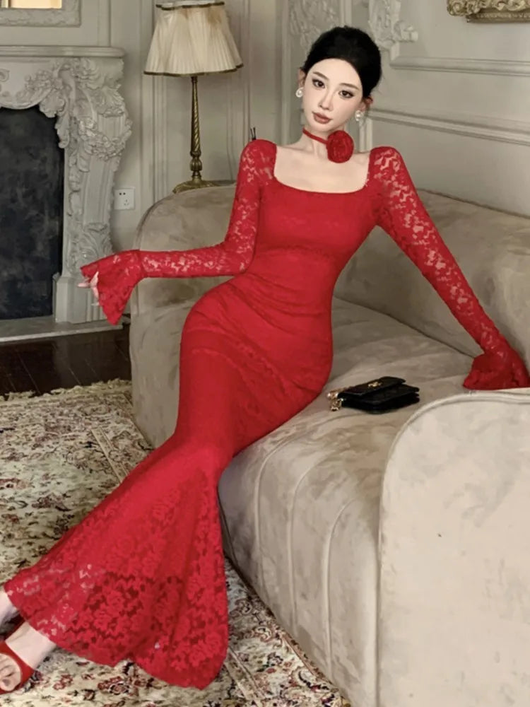 LBSFY -Elegant Tie Flowers Solid Evening Dresses Square Collar Flare Sleeve Lace Mermaid Long Dress Slim Party Vestidos Women's Clothes