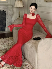 LBSFY -Elegant Tie Flowers Solid Evening Dresses Square Collar Flare Sleeve Lace Mermaid Long Dress Slim Party Vestidos Women's Clothes