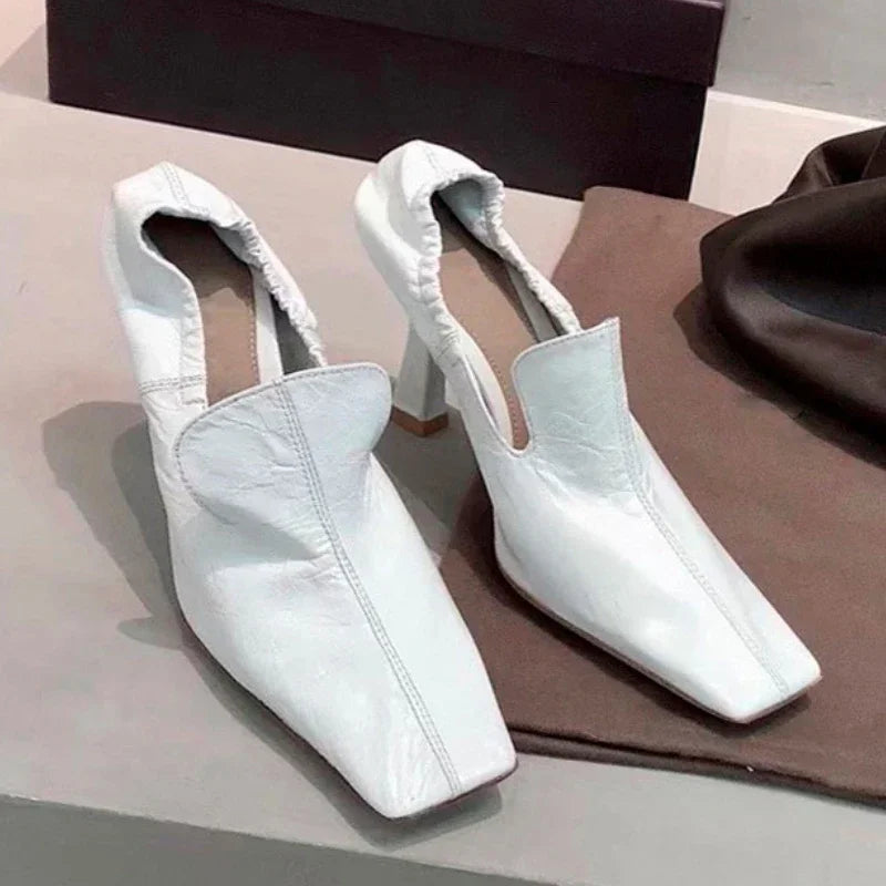 LBSFY  -  Designer Square Toe High Heels Women Fashion Pleated Party Dress Shoes Shallow New 2024 Spring Autumn Retro Mules Pumps Women