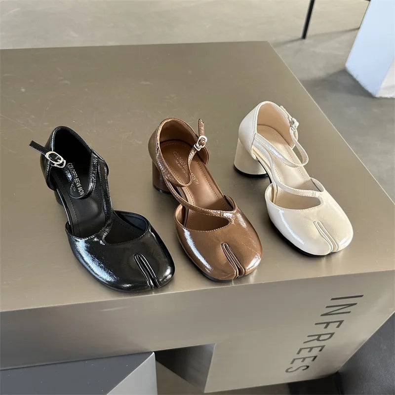 LBSFY  -  Thick Heel Tabi Ninja Mary Janes Shoes Women 2024 Fashion Round Split Toe Buckle Sandals Single Mid Heel  Shoes Female Pumps