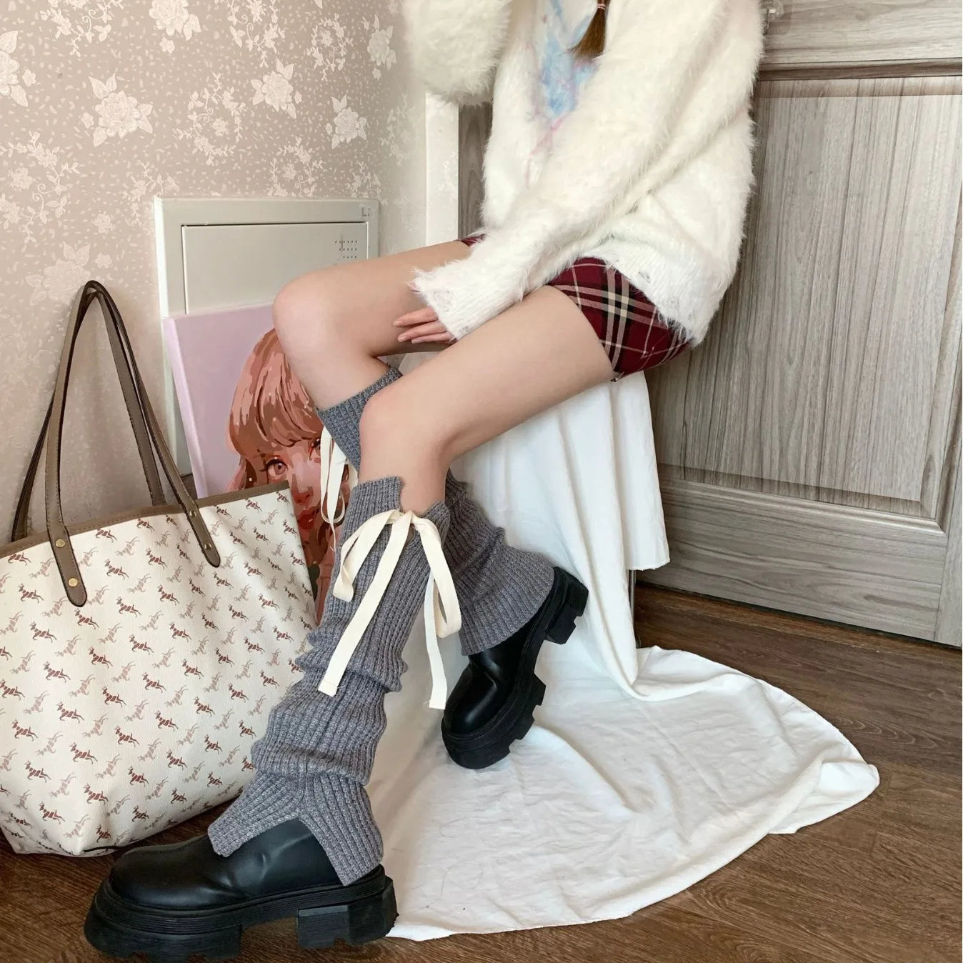 Lbsfy French Ballet Knitted Strap Leg Socks Y2K Tie Bow JK Bow Tie Leg Warmers Long Calf Covers Sweet Japanese Stockings Stacked Socks