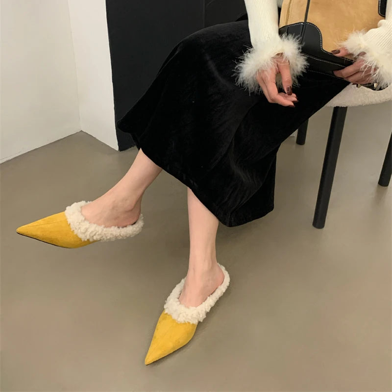 LBSFY  -  2024 Lamb Wool Inner Slippers Pointed End Imitation Suede Short Heel Outer Slippers Autumn/winter Color Block Woman Shoes 35-40