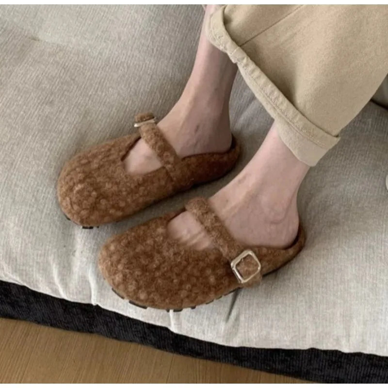 LBSFY -Big Size 43 Women Lambswool Slippers Winter Sheep Fur Shoes Ladies Flat Cotton Slides Home Pantuflas Daily Slip On Furry Mules