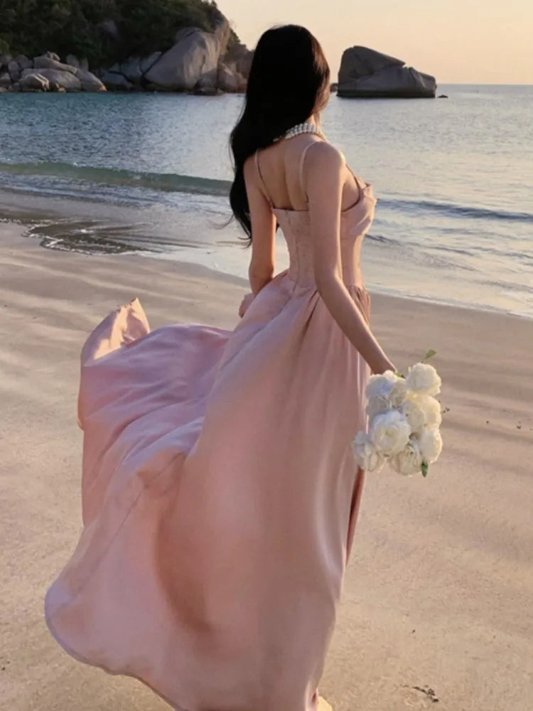 LBSFY -Women's Vintage Elegant Party Dresses Summer Fashion 2025 New Solid Pleated A-Line Slim Sling Dress French Beach Holiday Vestido
