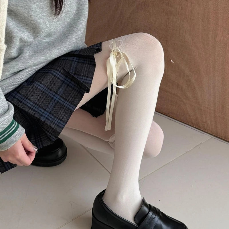 Lbsfy Lolita Styles Girls Tights Sweet Bow Kawaii Stockings for Women Semi-Transparent Pantyhose JK Students High Elastic Long Socks