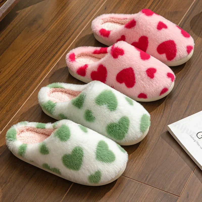 LBSFY  -  Cute House Slippers Women 2025 Winter Home Exquisite Heart Love Fuzzy Warm Comfy Non Slip Flat Plush Shoes Girls Gift Lover