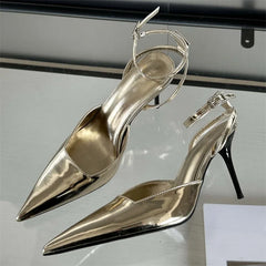 LBSFY -Gold Silver Ankle Buckle Strap Women Pumps Sexy Thin High Heels Pointed Toe Slingback Mules Dress Designer Shoes