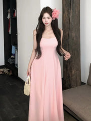 LBSFY -French Gentle Casual Women's Sling Dresses Sleeveless Slim-Fit Spaghetti Strap Zipper Long Dress Summer Office Lady Vestidos