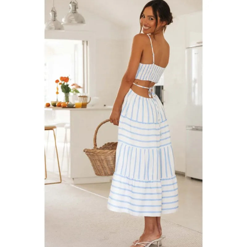 LBSFY -Summer New Women's Patchwork Striped Fashion Long Dress Square Collar Loose A-line Lace Up Vacation Beach Women Dresses 2025