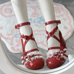 LBSFY -Lolita Red High Heels Cute pumps Shoes spring Autumn Lace Thick high heels Single Shoes Patent Leather Mary Jane Women's Shoes