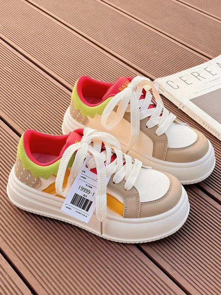 LBSFY  -  2024 Women Breathable Hamburger Sneakers Kawaii Patchwork Shoes Thick Heel Sneakers Trend Casual Running Platform High Top Shoes
