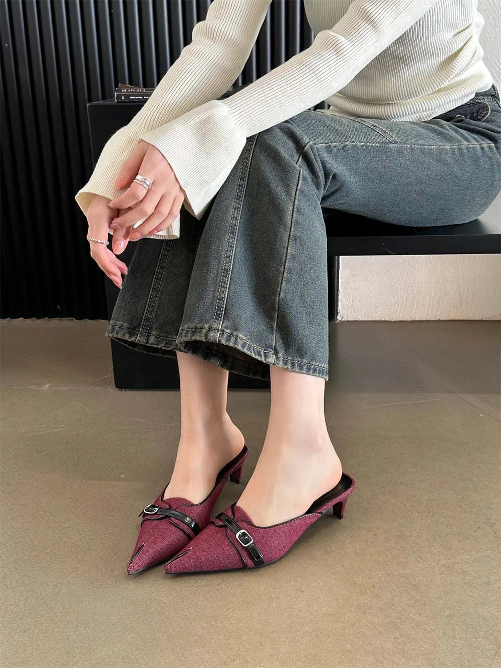 LBSFY  -  Casual Women Slides Slippers Pointed Toe Black Red Green 2024 New Arrivals Belt Buckle Thin Mid Heeled Outside Mules Shoes 39