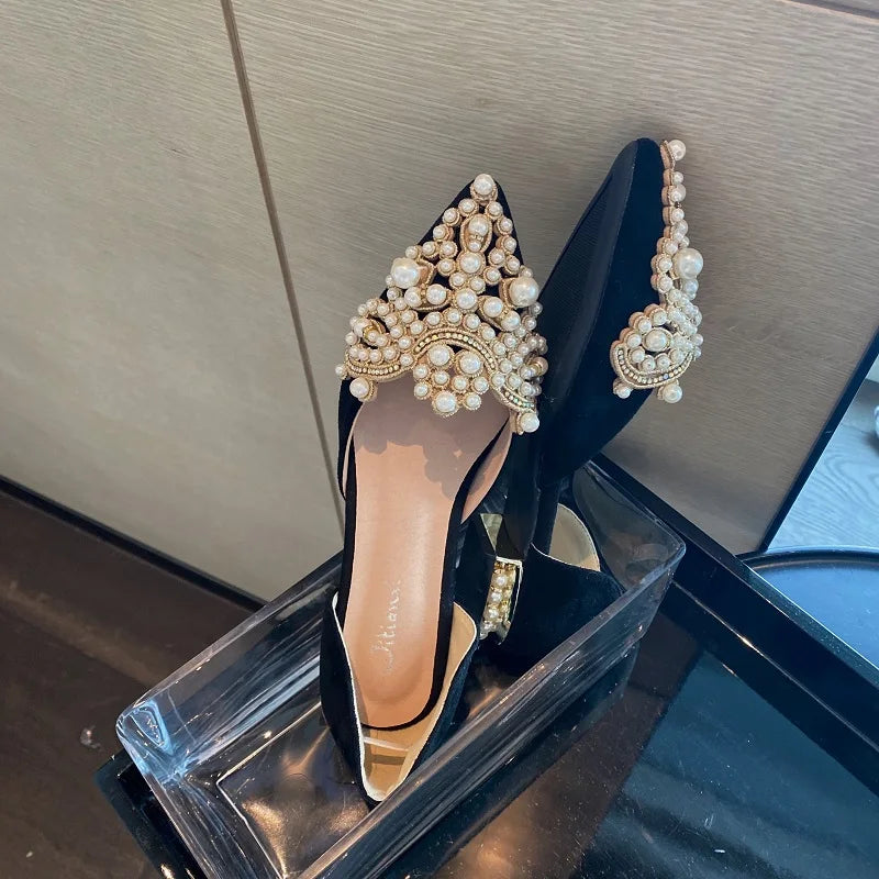 LBSFY -Black New Crown Pearl Flats Women Wedding Shoes Pointed Toe Female Dress Moccasins Low Pearl Heel Ladies Fashion Luxury Style 43