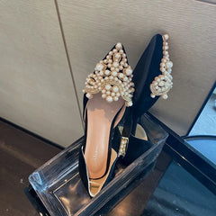 LBSFY -Black New Crown Pearl Flats Women Wedding Shoes Pointed Toe Female Dress Moccasins Low Pearl Heel Ladies Fashion Luxury Style 43