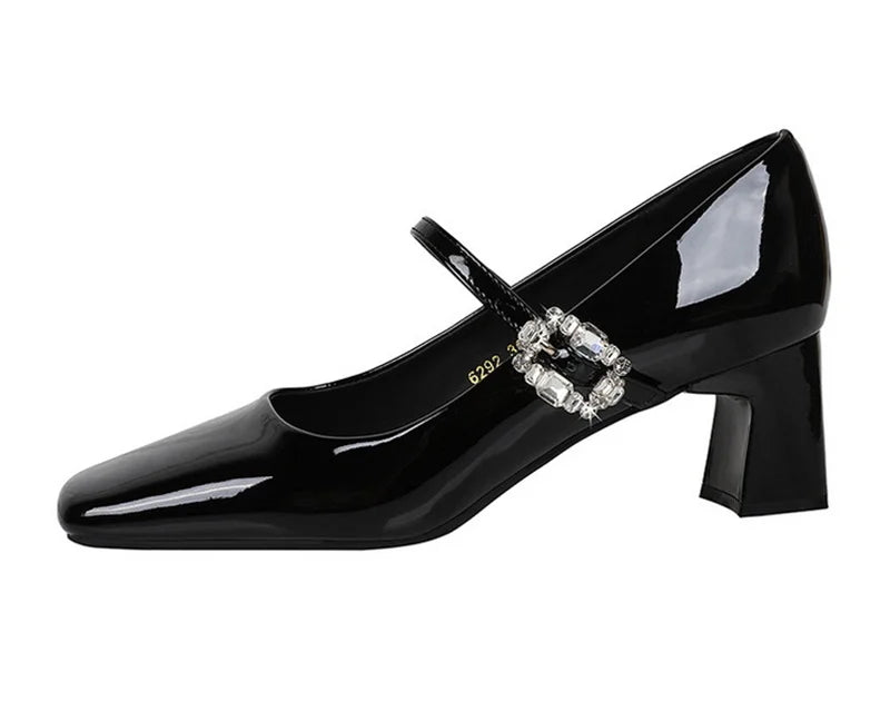 LBSFY -Banquet Mary Jane Women Single Shoes Square Toe Light Mouth Patent Leather One-Striped Rhinestone Buckle Thick Heel Medium Heel