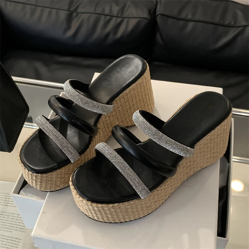 LBSFY  -  New Design Crystal Diamond Narrow Band Women Slippers Summer Platform Wedges High Heels Banquet Ladies Shoes