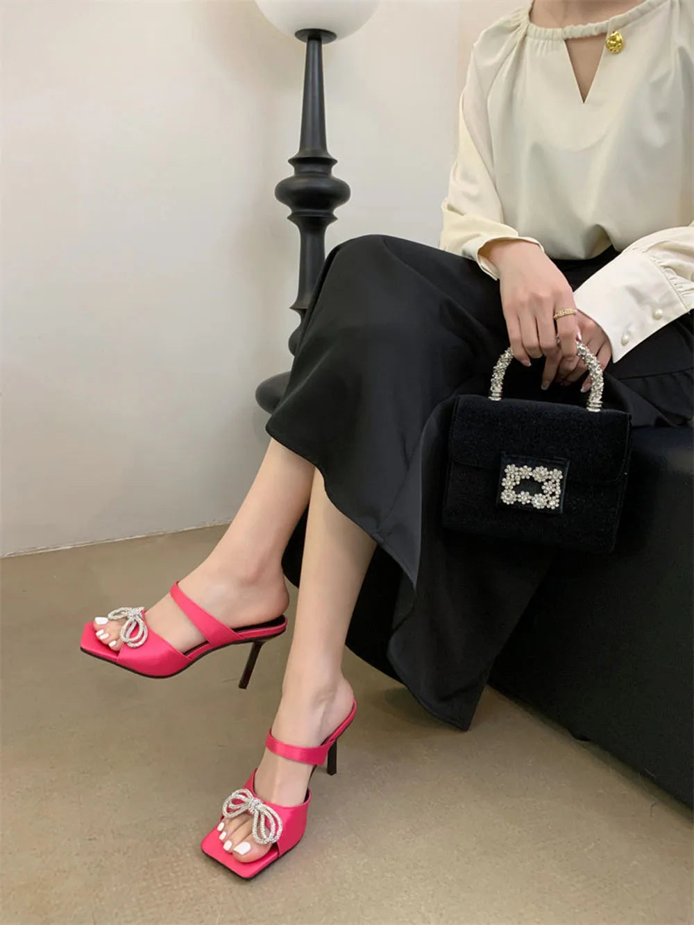 LBSFY  - Open Toe Women Slides Mules Shoes Fashion Outside Stiletto Thin High Heels Black Beige Pink Butterfly Rhinestone Dress Shoes 39