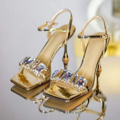 Lbsfy Luxury Diamond High Heels Women Summer Square Toe Shiny Crystal Sandals Woman Ankle Straps Elegant Party Pumps Women Shoes