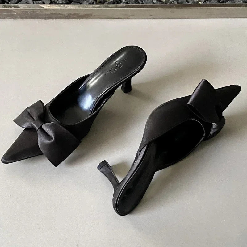 Lbsfy Butterfly-knot Fashion Thin High Heels Slippers Women Elegant Slingback Dress Shoe Summer Slide Women Pointed Mules Sandals