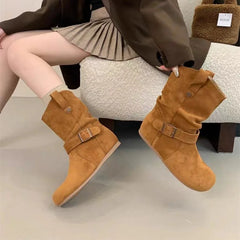 LBSFY -New Style Women's Solid Round Head Chunky Heel Sleeve Western Retro Mid Calf Leather Boots Ladies Retro Platform Cowboy Boots