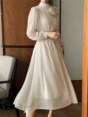 LBSFY -Elegant Midi Dresses for Women Korean Long Sleeves Half High Collar Lace-up A-line One Piece Vestido Mujer Autumn Fashion New